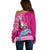 Custom Hawaii Mele Kalikimaka Off Shoulder Sweater Santa Riding The DolPhin Mix Kakau Pattern Pink Style LT03 - Polynesian Pride