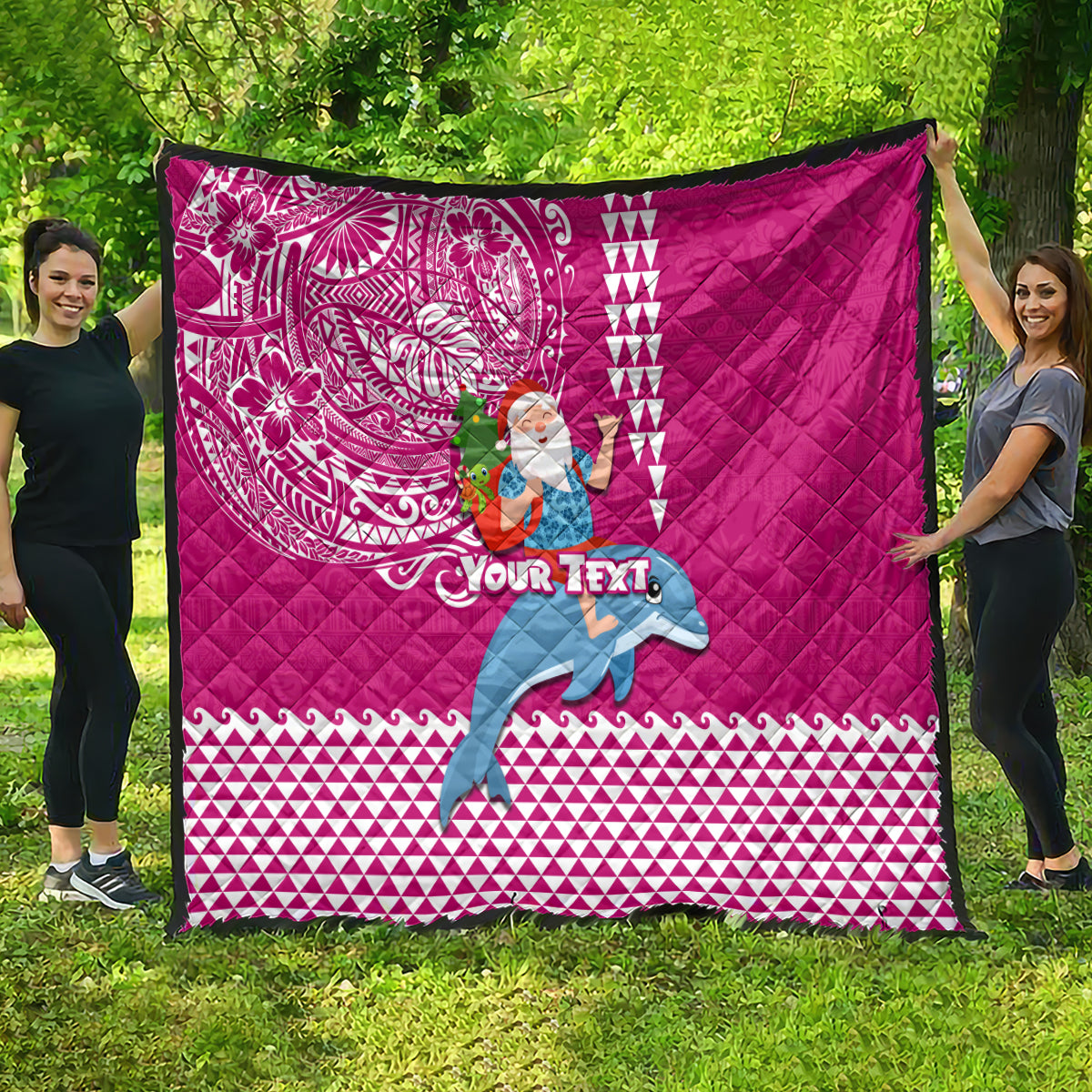 Custom Hawaii Mele Kalikimaka Quilt Santa Riding The DolPhin Mix Kakau Pattern Pink Style LT03 - Polynesian Pride