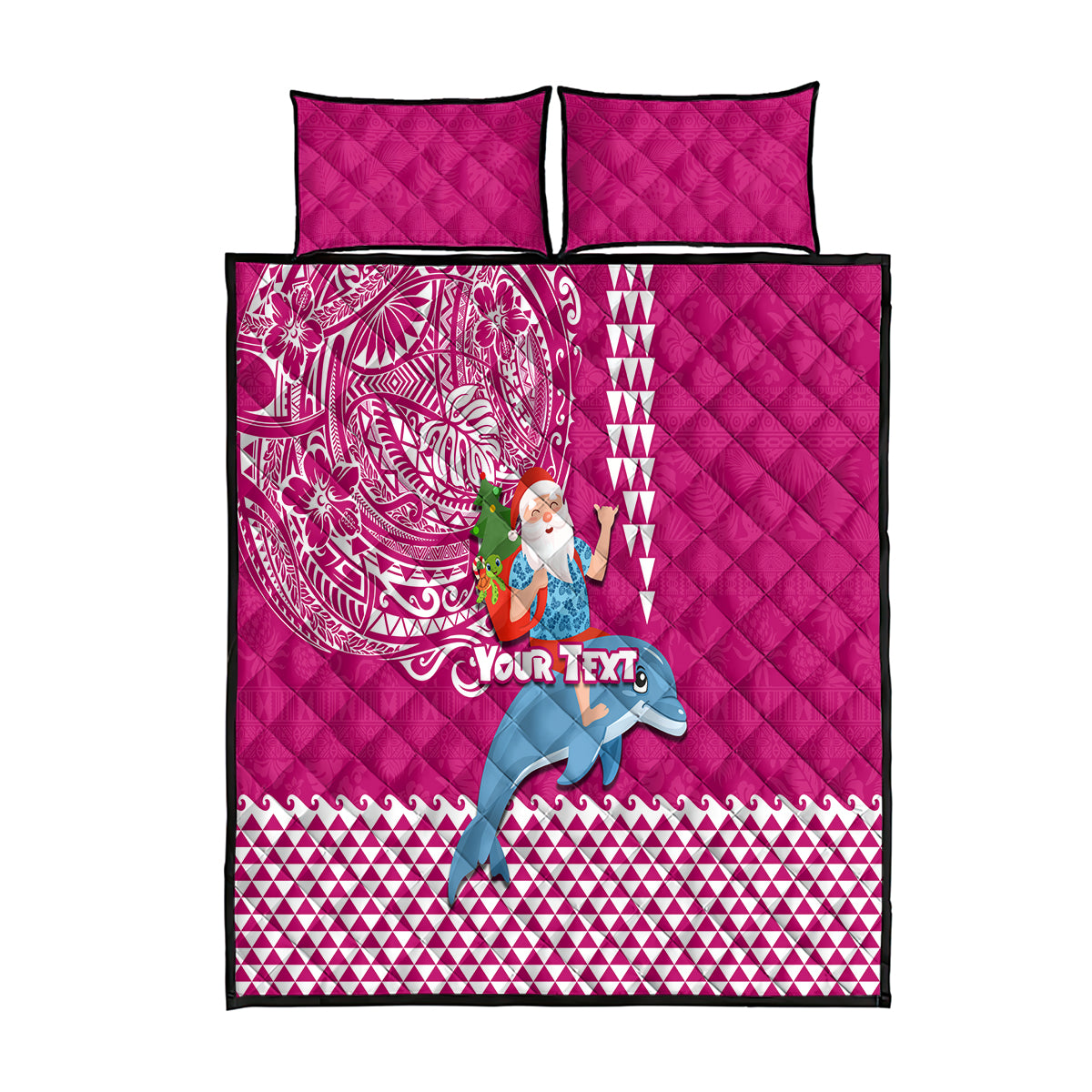 Custom Hawaii Mele Kalikimaka Quilt Bed Set Santa Riding The DolPhin Mix Kakau Pattern Pink Style LT03 Pink - Polynesian Pride