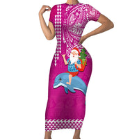 Custom Hawaii Mele Kalikimaka Short Sleeve Bodycon Dress Santa Riding The DolPhin Mix Kakau Pattern Pink Style LT03 Long Dress Pink - Polynesian Pride