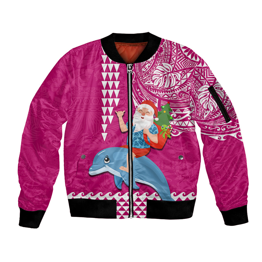 Custom Hawaii Mele Kalikimaka Sleeve Zip Bomber Jacket Santa Riding The DolPhin Mix Kakau Pattern Pink Style LT03 Unisex Pink - Polynesian Pride