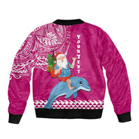 Custom Hawaii Mele Kalikimaka Sleeve Zip Bomber Jacket Santa Riding The DolPhin Mix Kakau Pattern Pink Style LT03 - Polynesian Pride
