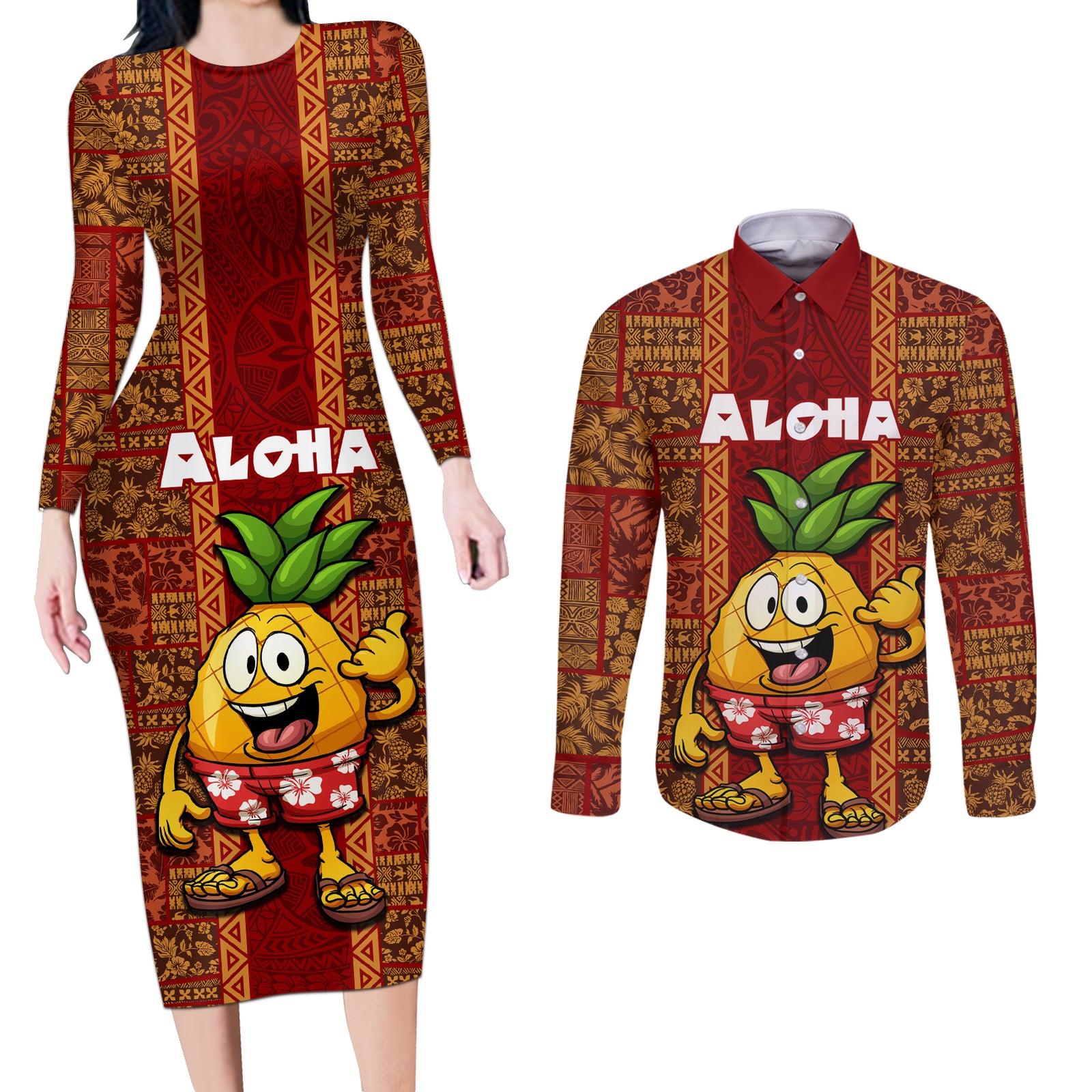 Hawaii Couples Matching Long Sleeve Bodycon Dress and Long Sleeve Button Shirt Aloha Funny Pineapple Mix Kakau Hawaiian Tribal LT03 Red - Polynesian Pride