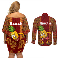 Hawaii Couples Matching Off Shoulder Short Dress and Long Sleeve Button Shirt Aloha Funny Pineapple Mix Kakau Hawaiian Tribal LT03 - Polynesian Pride