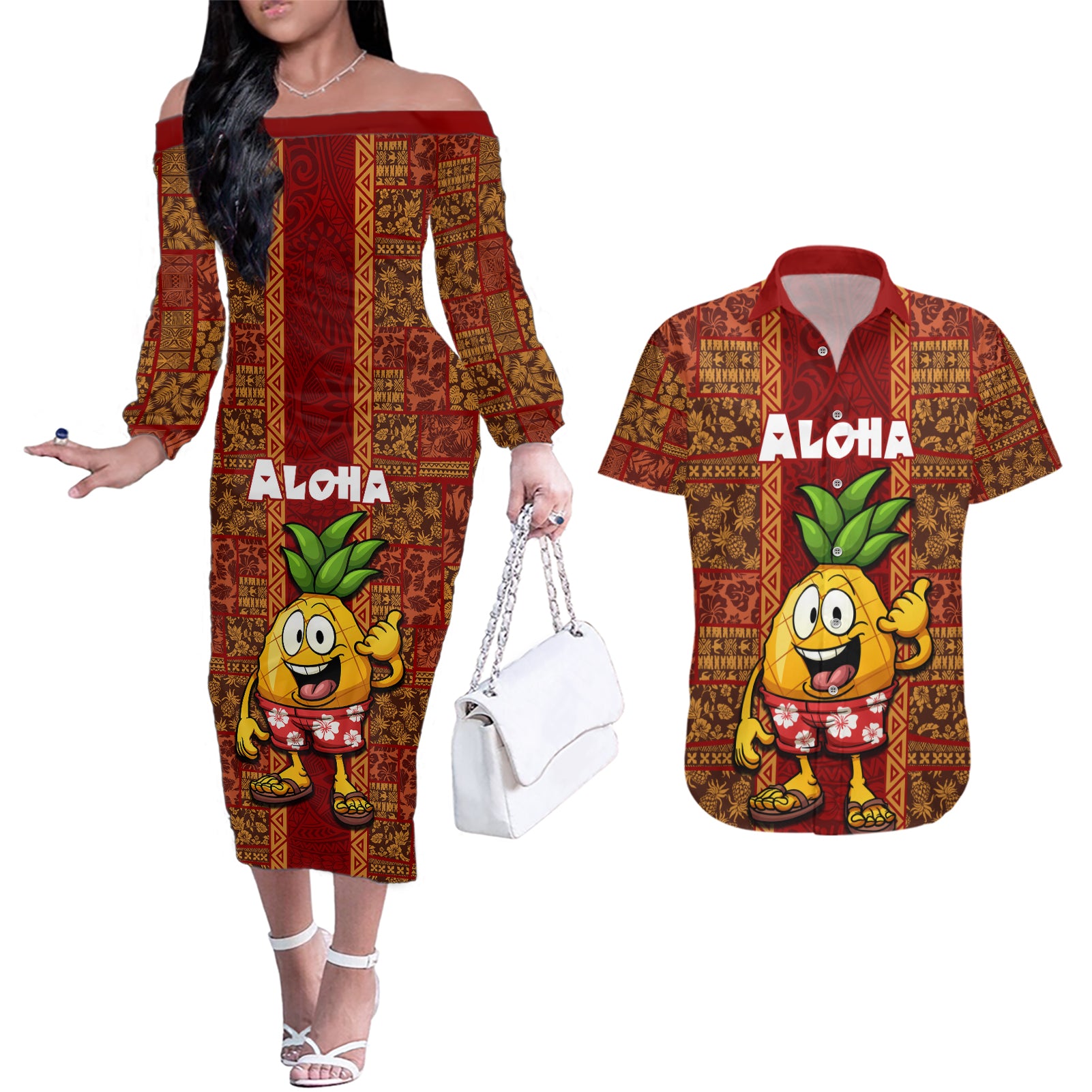 Hawaii Couples Matching Off The Shoulder Long Sleeve Dress and Hawaiian Shirt Aloha Funny Pineapple Mix Kakau Hawaiian Tribal LT03 Red - Polynesian Pride