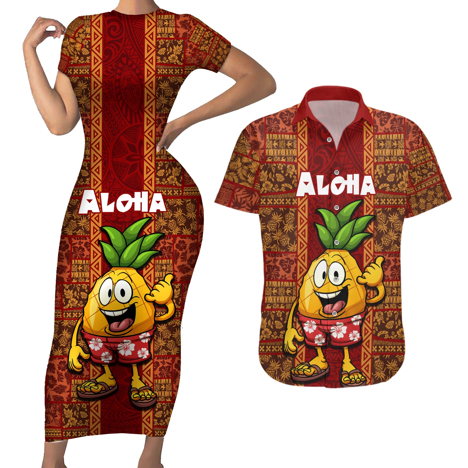 Hawaii Couples Matching Short Sleeve Bodycon Dress and Hawaiian Shirt Aloha Funny Pineapple Mix Kakau Hawaiian Tribal LT03 Red - Polynesian Pride