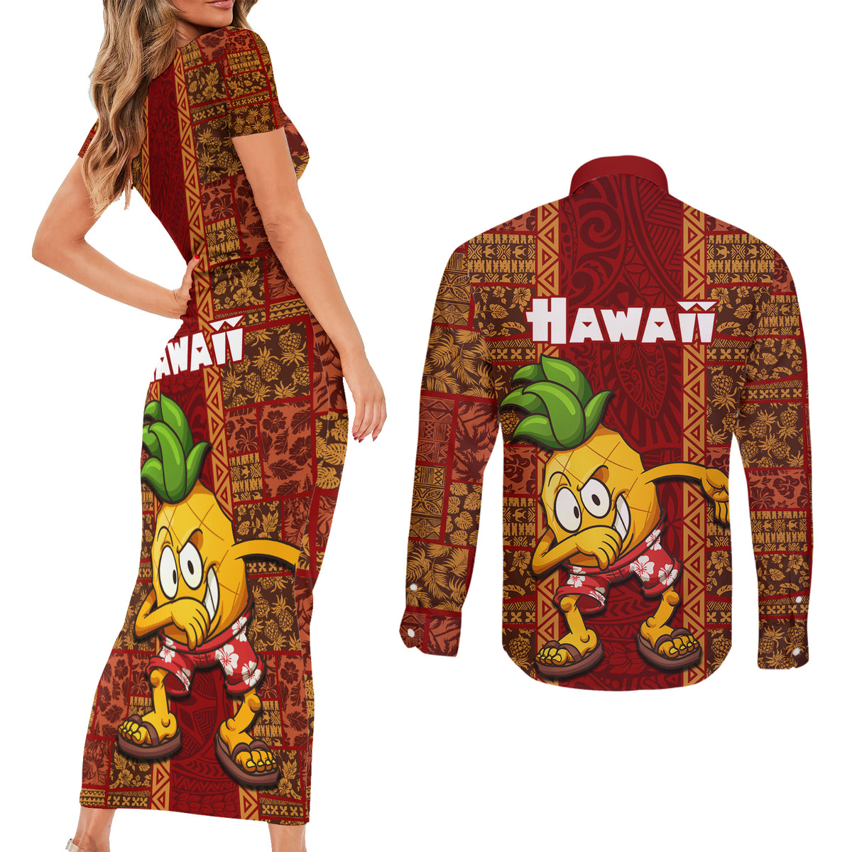 Hawaii Couples Matching Short Sleeve Bodycon Dress and Long Sleeve Button Shirt Aloha Funny Pineapple Mix Kakau Hawaiian Tribal LT03 - Polynesian Pride