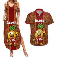 Hawaii Couples Matching Summer Maxi Dress and Hawaiian Shirt Aloha Funny Pineapple Mix Kakau Hawaiian Tribal LT03 Red - Polynesian Pride
