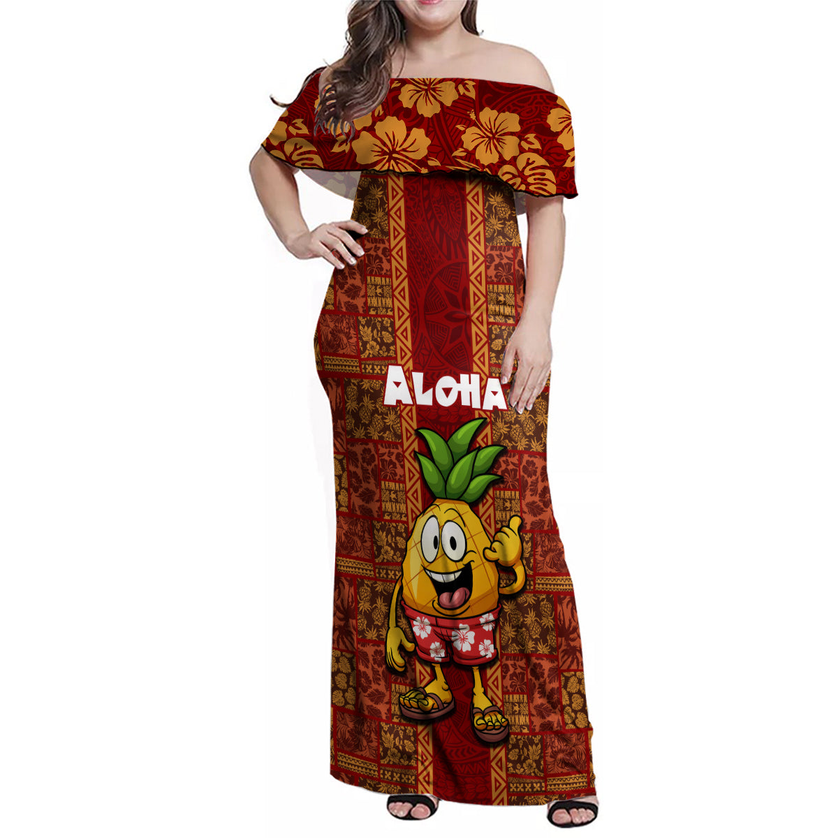 Hawaii Family Matching Off Shoulder Maxi Dress and Hawaiian Shirt Aloha Funny Pineapple Mix Kakau Hawaiian Tribal LT03 Mom's Dress Red - Polynesian Pride
