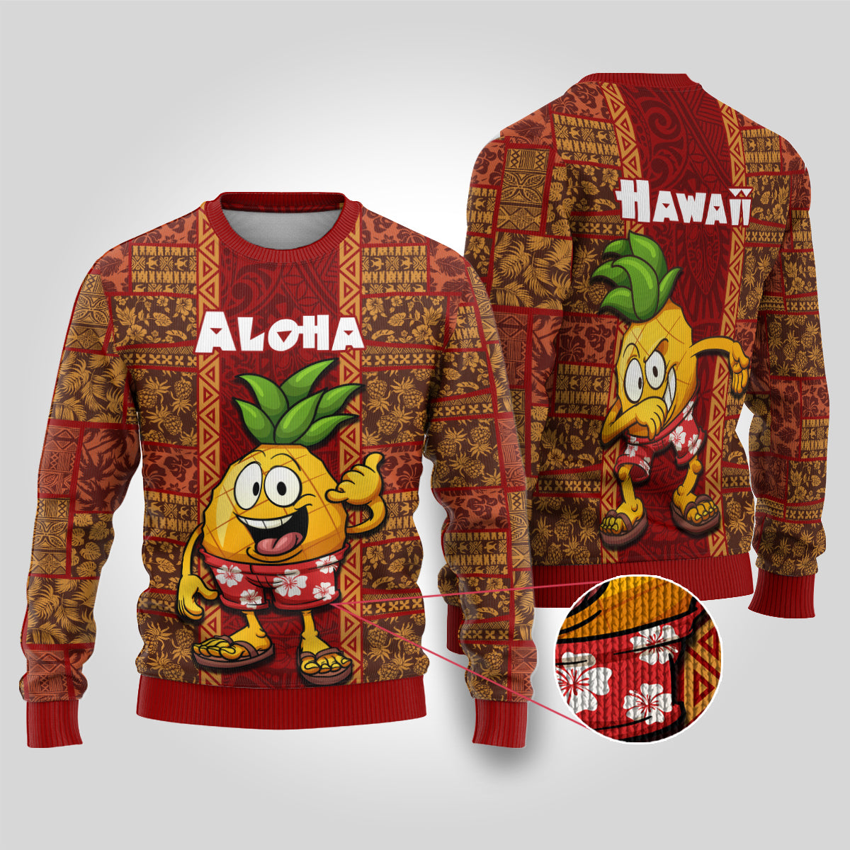 Hawaii Ugly Christmas Sweater Aloha Funny Pineapple Mix Kakau Hawaiian Tribal LT03 Red - Polynesian Pride