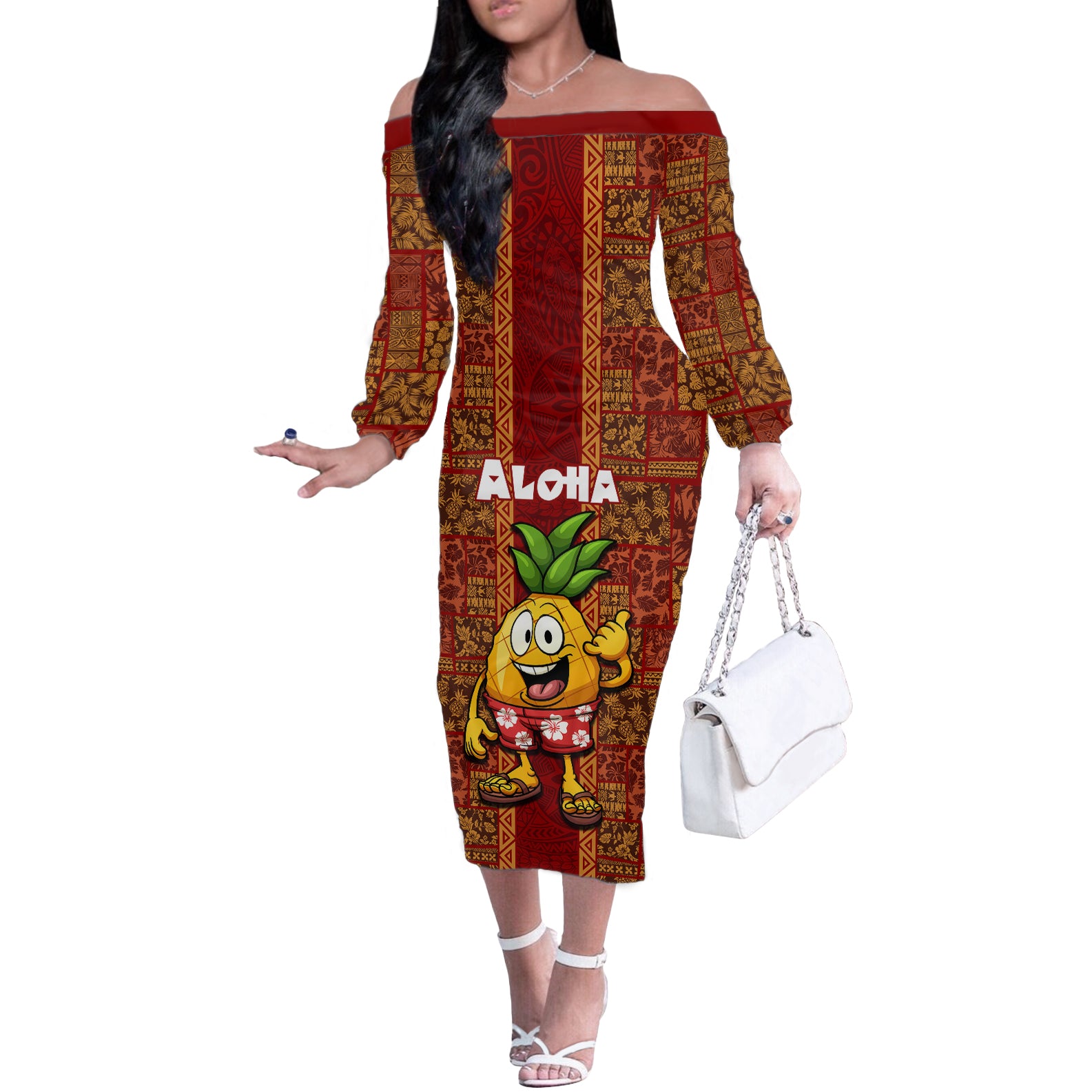 Hawaii Off The Shoulder Long Sleeve Dress Aloha Funny Pineapple Mix Kakau Hawaiian Tribal LT03 Women Red - Polynesian Pride