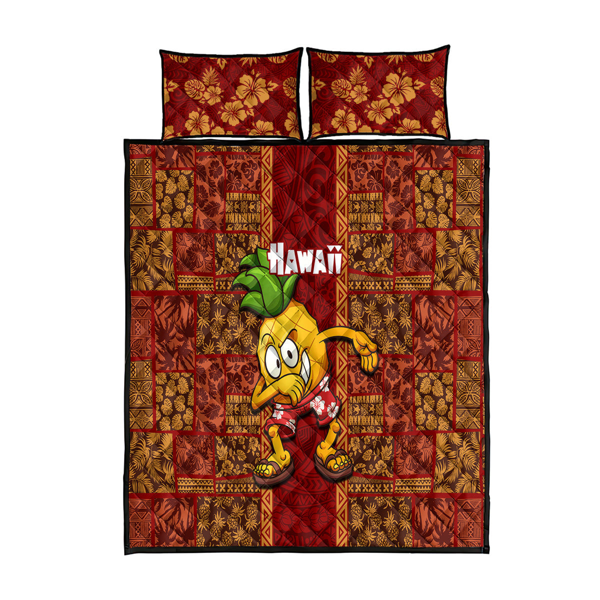 Hawaii Quilt Bed Set Aloha Funny Pineapple Mix Kakau Hawaiian Tribal LT03 Red - Polynesian Pride