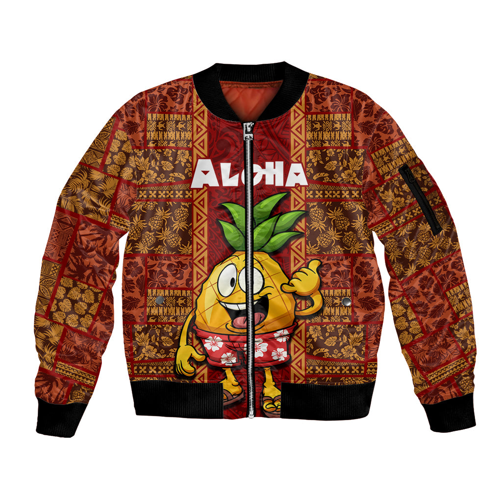 Hawaii Sleeve Zip Bomber Jacket Aloha Funny Pineapple Mix Kakau Hawaiian Tribal LT03 Unisex Red - Polynesian Pride