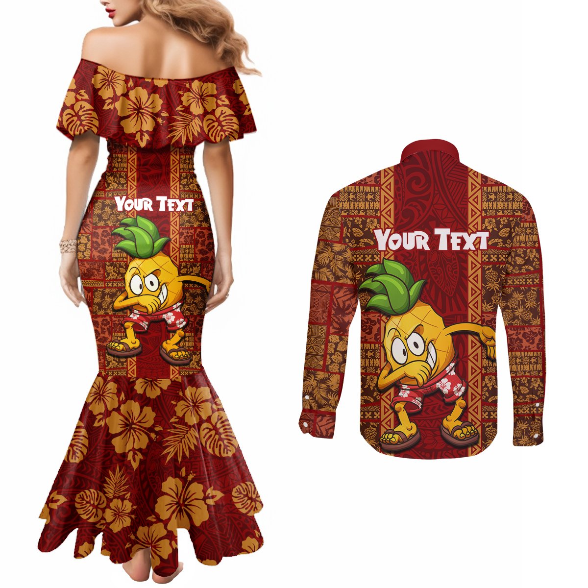 Custom Hawaii Couples Matching Mermaid Dress and Long Sleeve Button Shirt Aloha Funny Pineapple Mix Kakau Hawaiian Tribal LT03 - Polynesian Pride