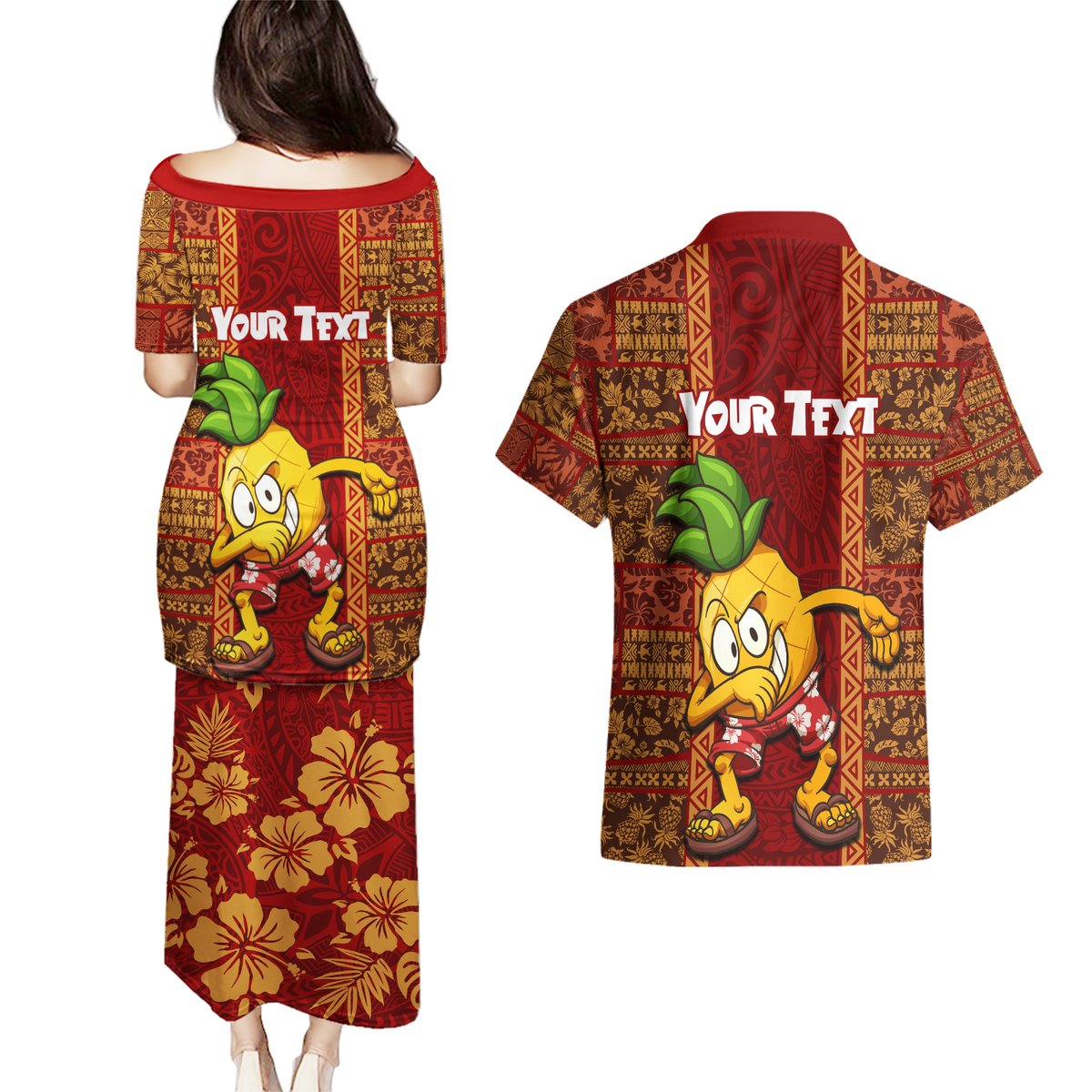 Custom Hawaii Couples Matching Puletasi Dress and Hawaiian Shirt Aloha Funny Pineapple Mix Kakau Hawaiian Tribal LT03 - Polynesian Pride