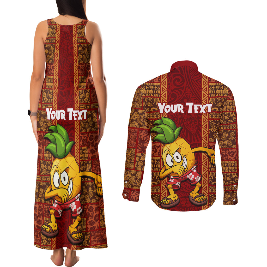 Custom Hawaii Couples Matching Tank Maxi Dress and Long Sleeve Button Shirt Aloha Funny Pineapple Mix Kakau Hawaiian Tribal LT03 - Polynesian Pride