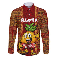Custom Hawaii Family Matching Mermaid Dress and Hawaiian Shirt Aloha Funny Pineapple Mix Kakau Hawaiian Tribal LT03 Dad's Shirt - Long Sleeve Red - Polynesian Pride