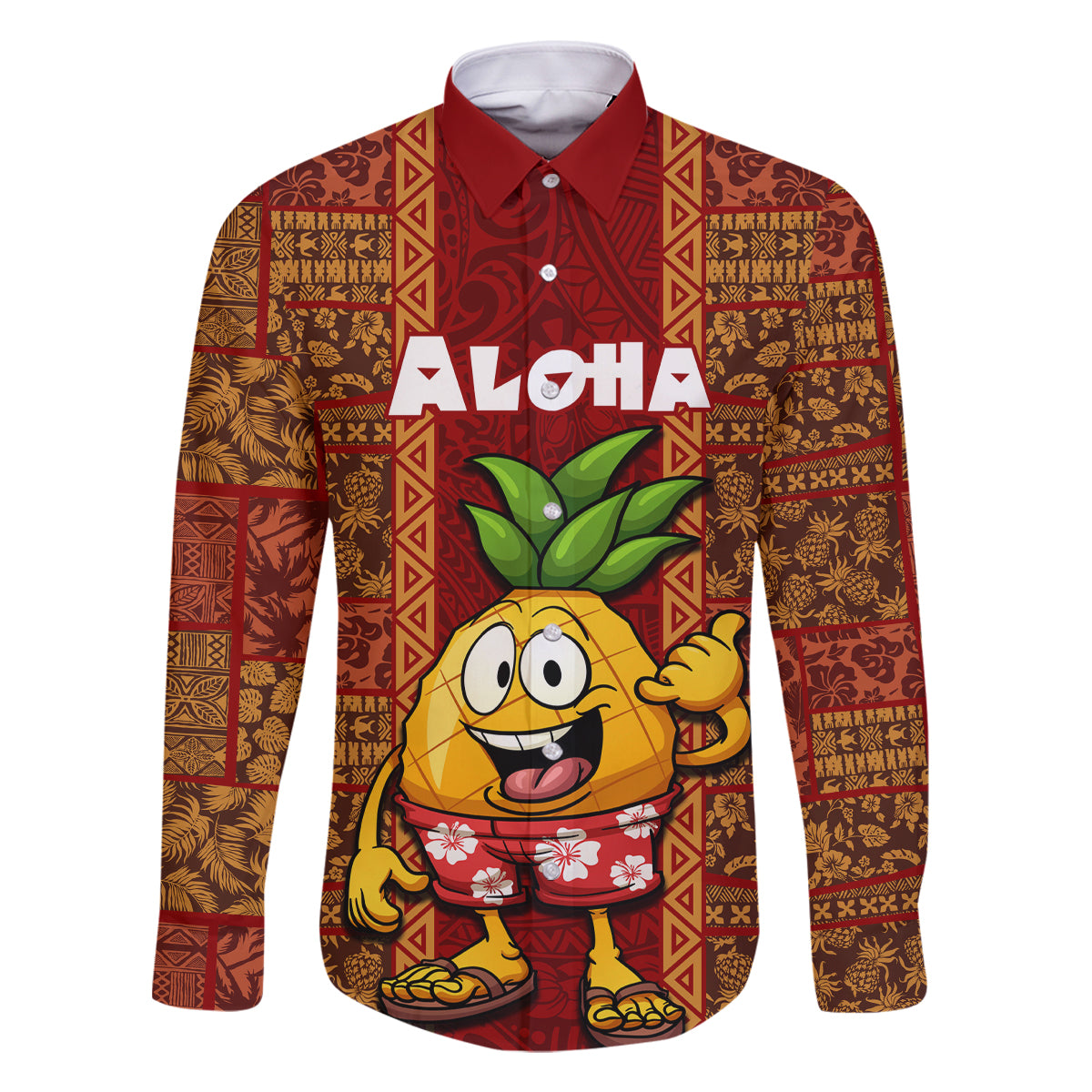 Custom Hawaii Family Matching Off Shoulder Short Dress and Hawaiian Shirt Aloha Funny Pineapple Mix Kakau Hawaiian Tribal LT03 Dad's Shirt - Long Sleeve Red - Polynesian Pride