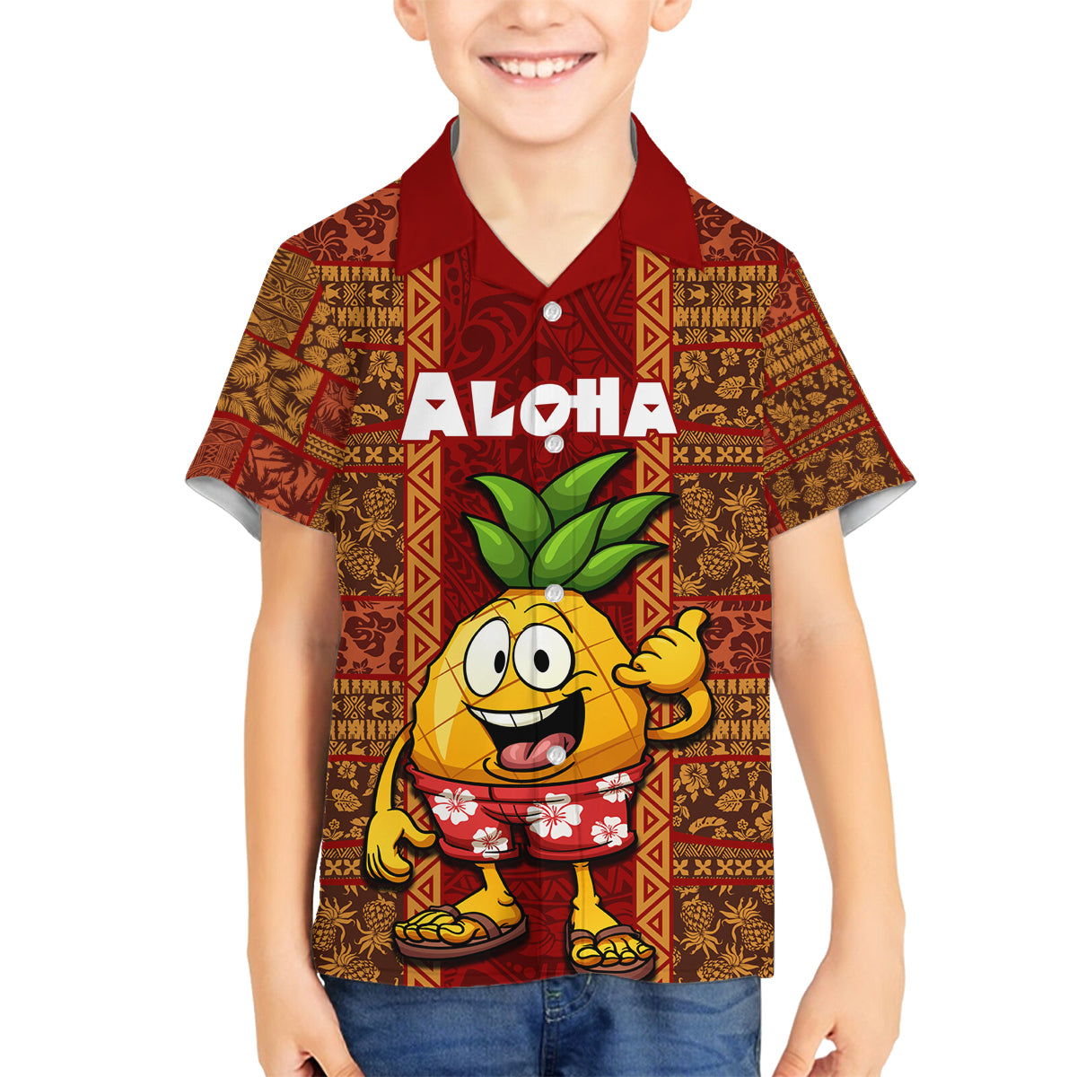 Custom Hawaii Family Matching Puletasi Dress and Hawaiian Shirt Aloha Funny Pineapple Mix Kakau Hawaiian Tribal LT03 Son's Shirt Red - Polynesian Pride