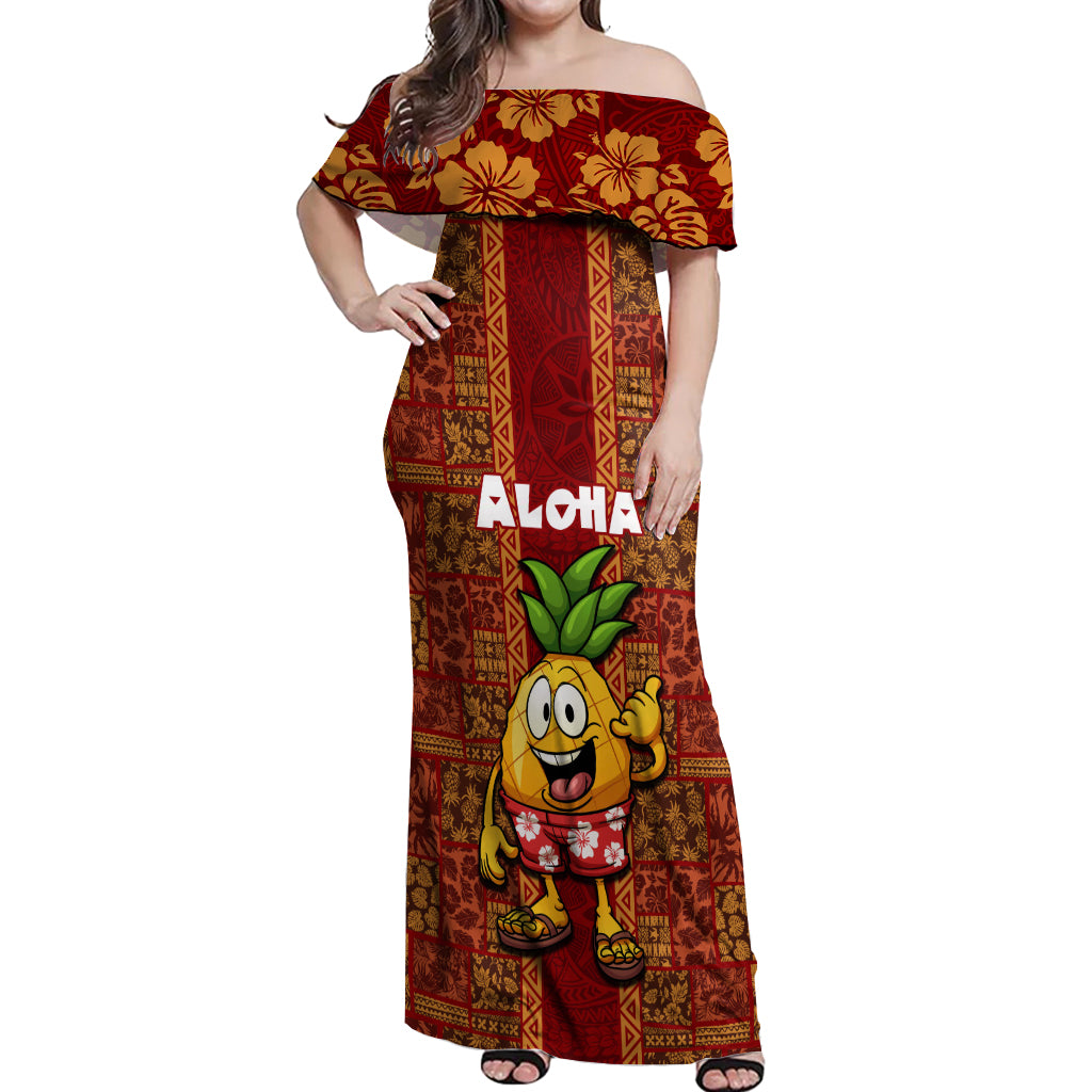 Custom Hawaii Off Shoulder Maxi Dress Aloha Funny Pineapple Mix Kakau Hawaiian Tribal LT03 Women Red - Polynesian Pride