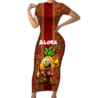 Custom Hawaii Short Sleeve Bodycon Dress Aloha Funny Pineapple Mix Kakau Hawaiian Tribal LT03 Long Dress Red - Polynesian Pride