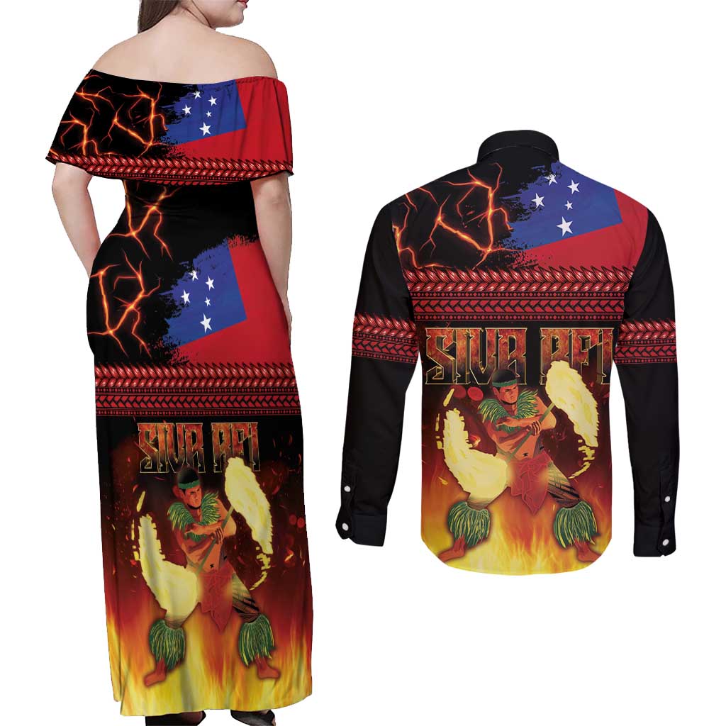 Samoan Siva Afi Couples Matching Off Shoulder Maxi Dress and Long Sleeve Button Shirt Tribal Performers of Samoan Fire Knife Dancing