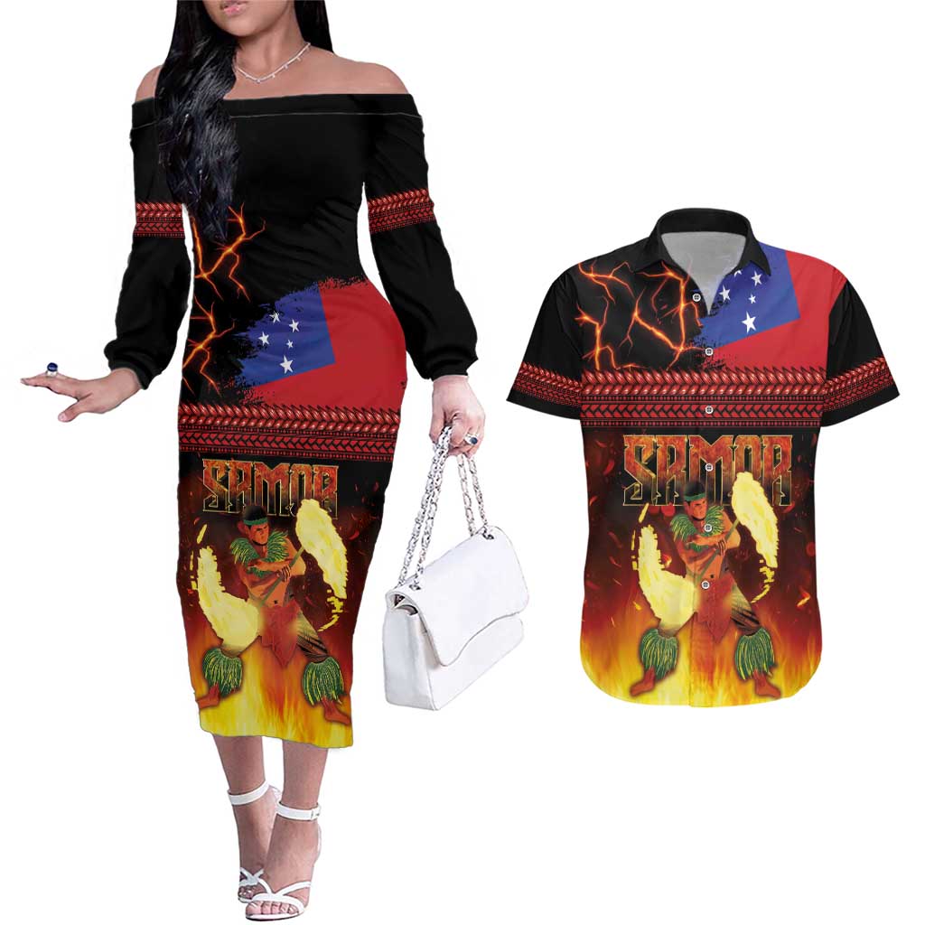 Samoan Siva Afi Couples Matching Off The Shoulder Long Sleeve Dress and Hawaiian Shirt Tribal Performers of Samoan Fire Knife Dancing