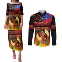 Samoan Siva Afi Couples Matching Puletasi and Long Sleeve Button Shirt Tribal Performers of Samoan Fire Knife Dancing LT03 Black - Polynesian Pride