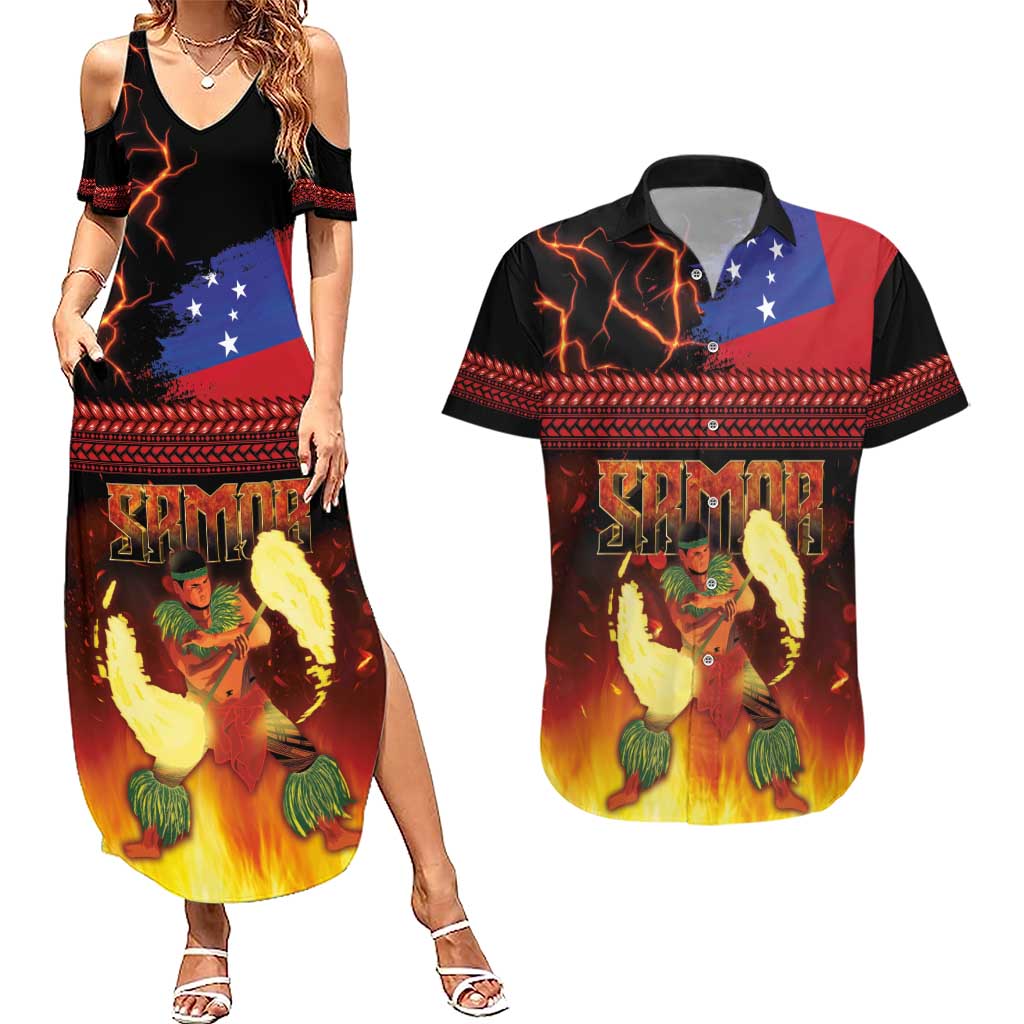 Samoan Siva Afi Couples Matching Summer Maxi Dress and Hawaiian Shirt Tribal Performers of Samoan Fire Knife Dancing