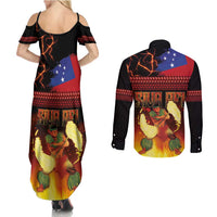 Samoan Siva Afi Couples Matching Summer Maxi Dress and Long Sleeve Button Shirt Tribal Performers of Samoan Fire Knife Dancing