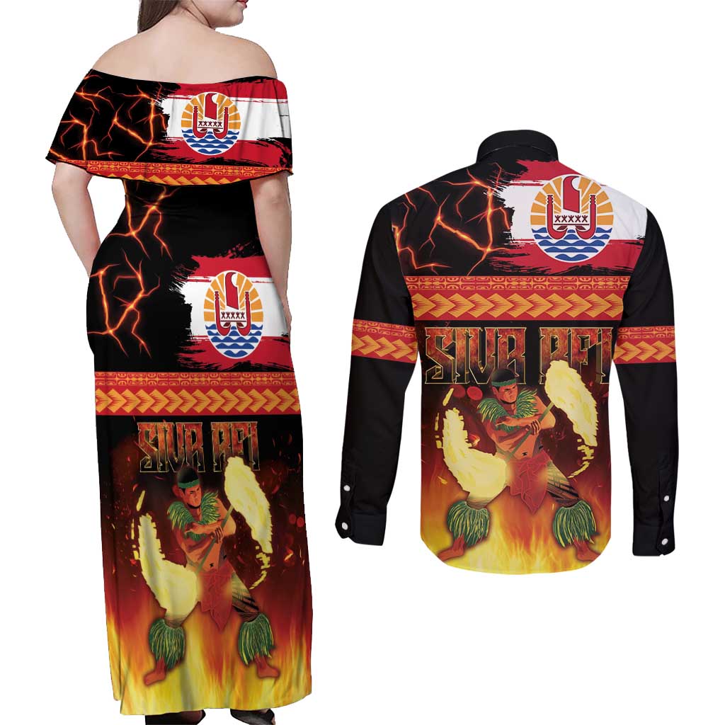 Tahitian Siva Afi Couples Matching Off Shoulder Maxi Dress and Long Sleeve Button Shirt Tribal Performers of Tahitian Fire Knife Dancing