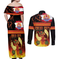 Tahitian Siva Afi Couples Matching Off Shoulder Maxi Dress and Long Sleeve Button Shirt Tribal Performers of Tahitian Fire Knife Dancing