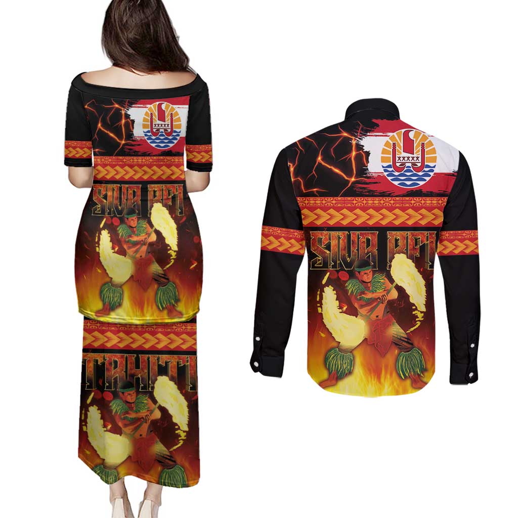 Tahitian Siva Afi Couples Matching Puletasi and Long Sleeve Button Shirt Tribal Performers of Tahitian Fire Knife Dancing