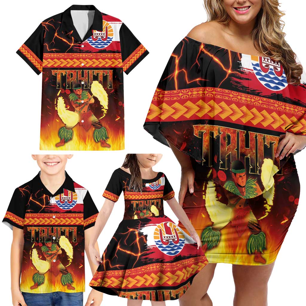 Tahitian Siva Afi Family Matching Off Shoulder Short Dress and Hawaiian Shirt Tribal Performers of Tahitian Fire Knife Dancing LT03 - Polynesian Pride