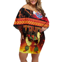 Tahitian Siva Afi Family Matching Off Shoulder Short Dress and Hawaiian Shirt Tribal Performers of Tahitian Fire Knife Dancing LT03 Mom's Dress Black - Polynesian Pride