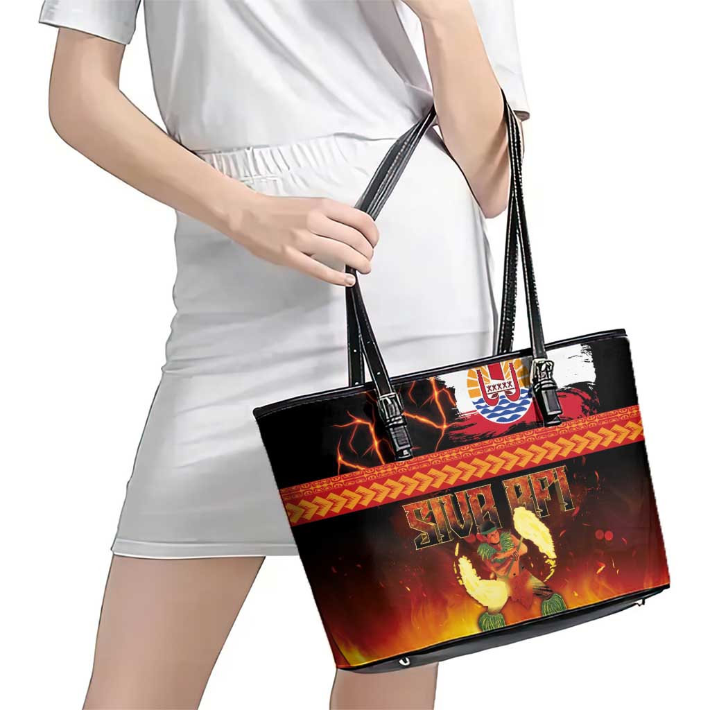 Tahitian Siva Afi Leather Tote Bag Tribal Performers of Tahitian Fire Knife Dancing LT03 - Polynesian Pride