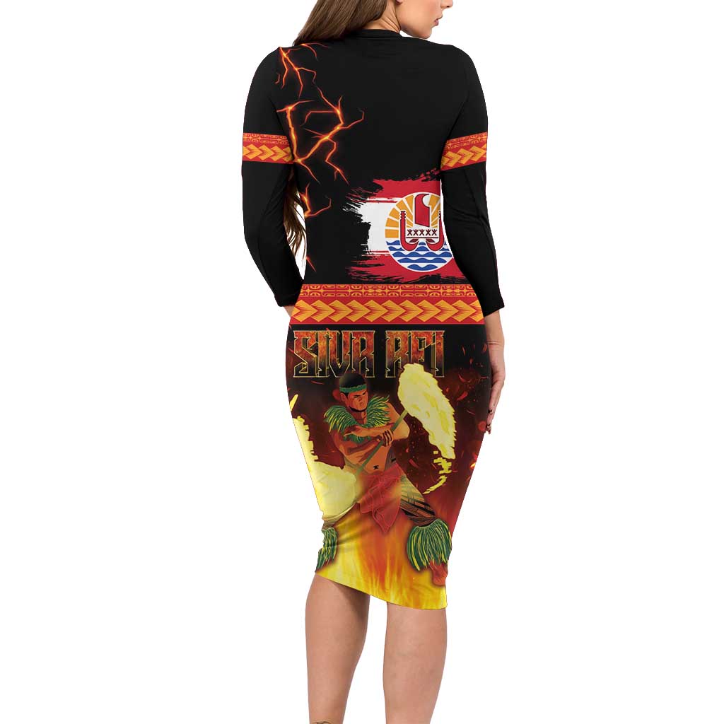 Tahitian Siva Afi Long Sleeve Bodycon Dress Tribal Performers of Tahitian Fire Knife Dancing