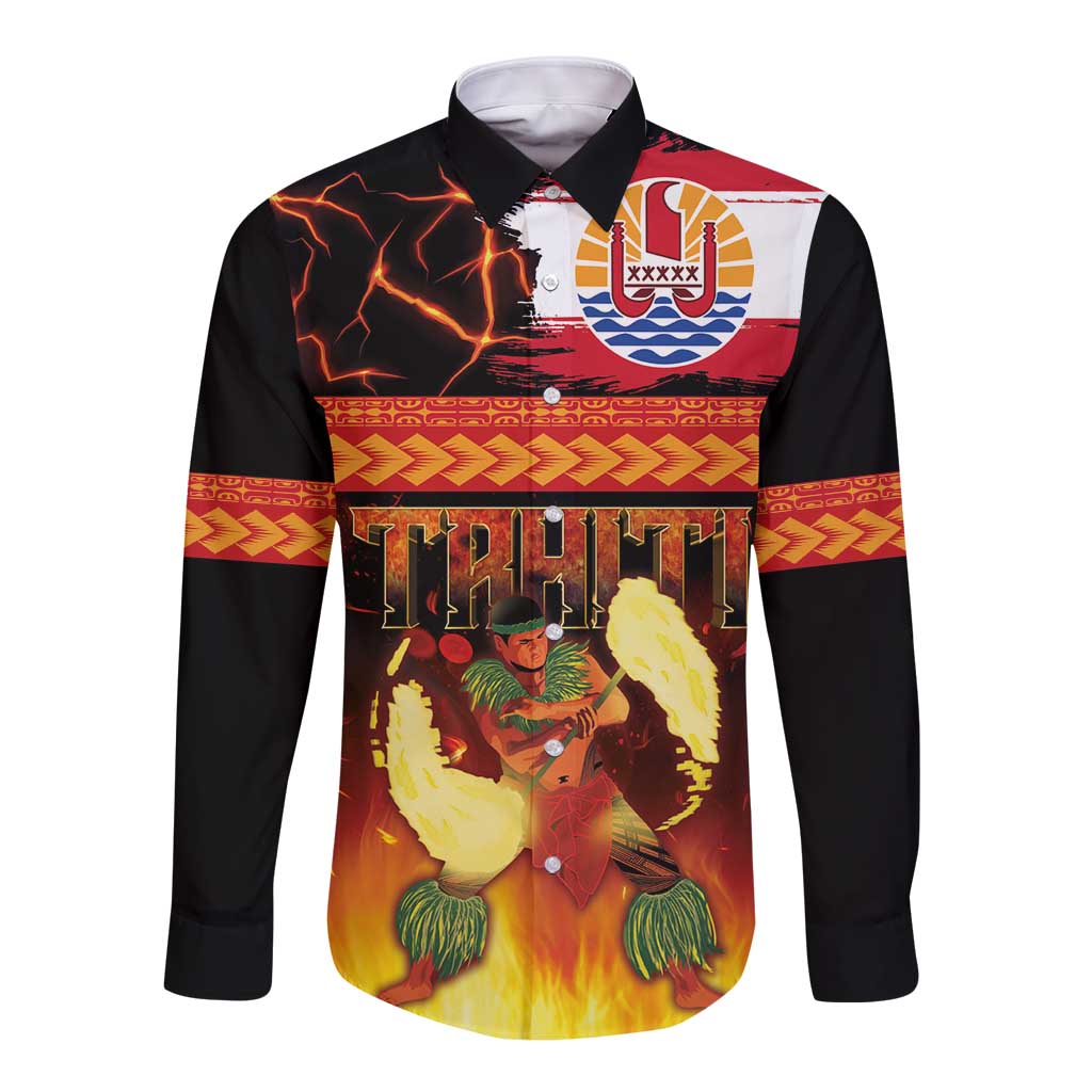 Tahitian Siva Afi Long Sleeve Button Shirt Tribal Performers of Tahitian Fire Knife Dancing LT03 Unisex Black - Polynesian Pride