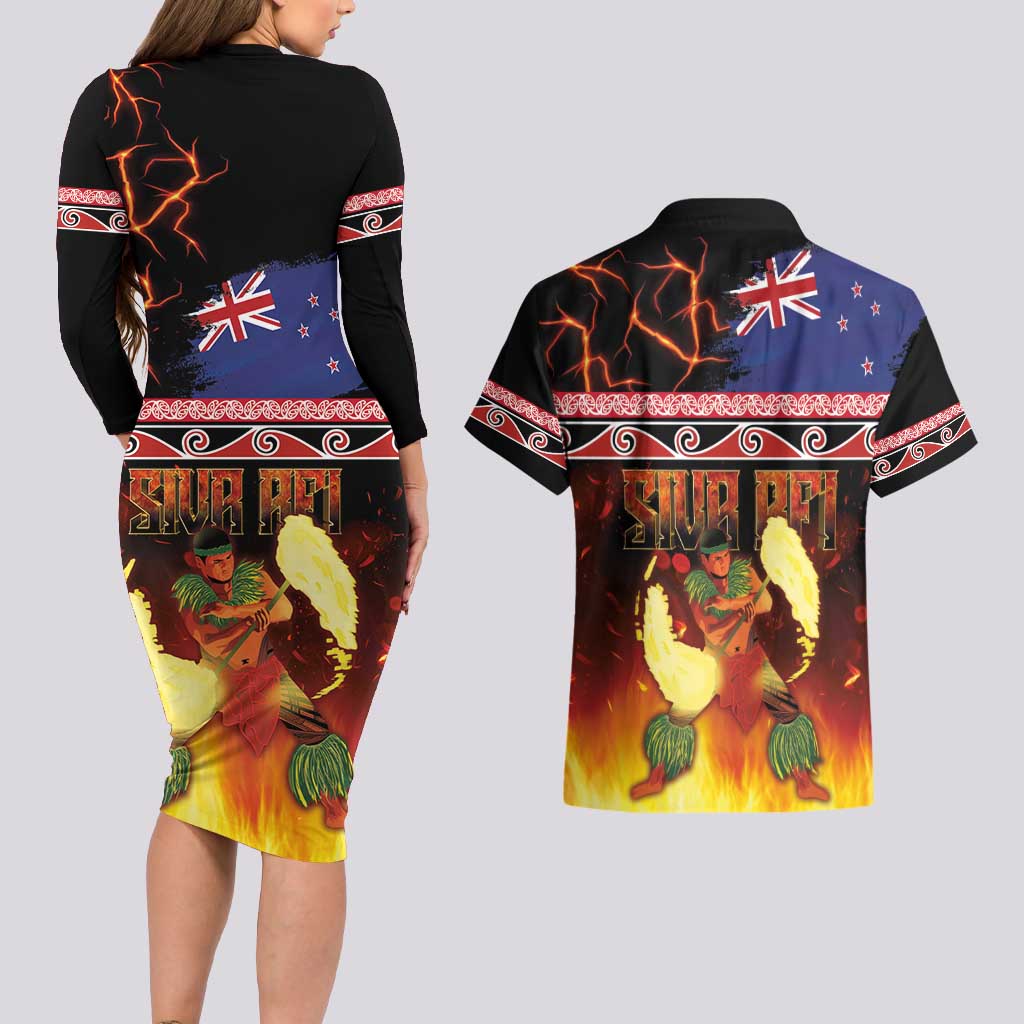Aotearoa Siva Afi Couples Matching Long Sleeve Bodycon Dress and Hawaiian Shirt Tribal Performers of Aotearoa Fire Knife Dancing LT03 - Polynesian Pride