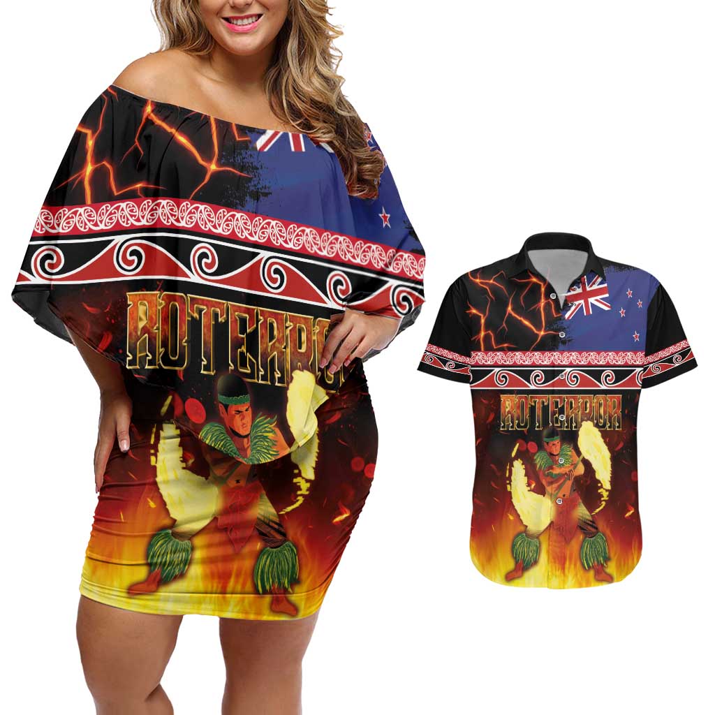 Aotearoa Siva Afi Couples Matching Off Shoulder Short Dress and Hawaiian Shirt Tribal Performers of Aotearoa Fire Knife Dancing