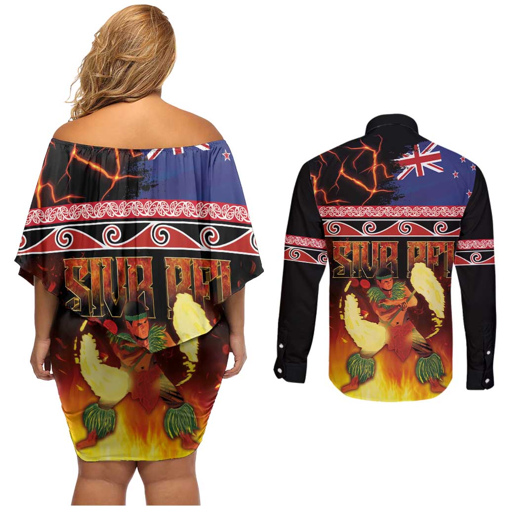 Aotearoa Siva Afi Couples Matching Off Shoulder Short Dress and Long Sleeve Button Shirt Tribal Performers of Aotearoa Fire Knife Dancing