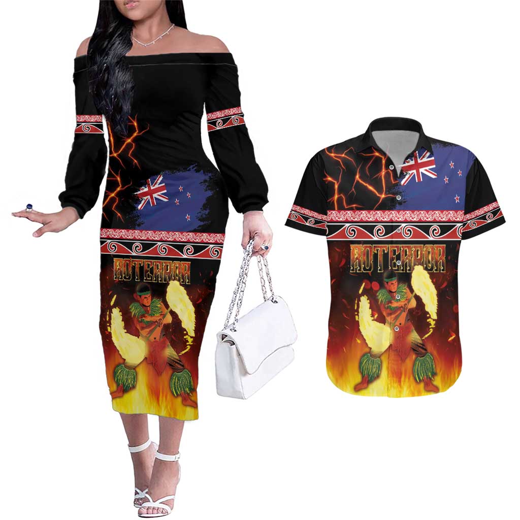 Aotearoa Siva Afi Couples Matching Off The Shoulder Long Sleeve Dress and Hawaiian Shirt Tribal Performers of Aotearoa Fire Knife Dancing