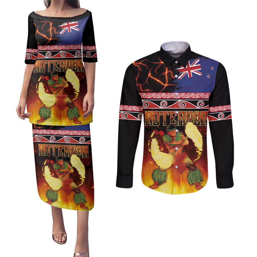 Aotearoa Siva Afi Couples Matching Puletasi and Long Sleeve Button Shirt Tribal Performers of Aotearoa Fire Knife Dancing