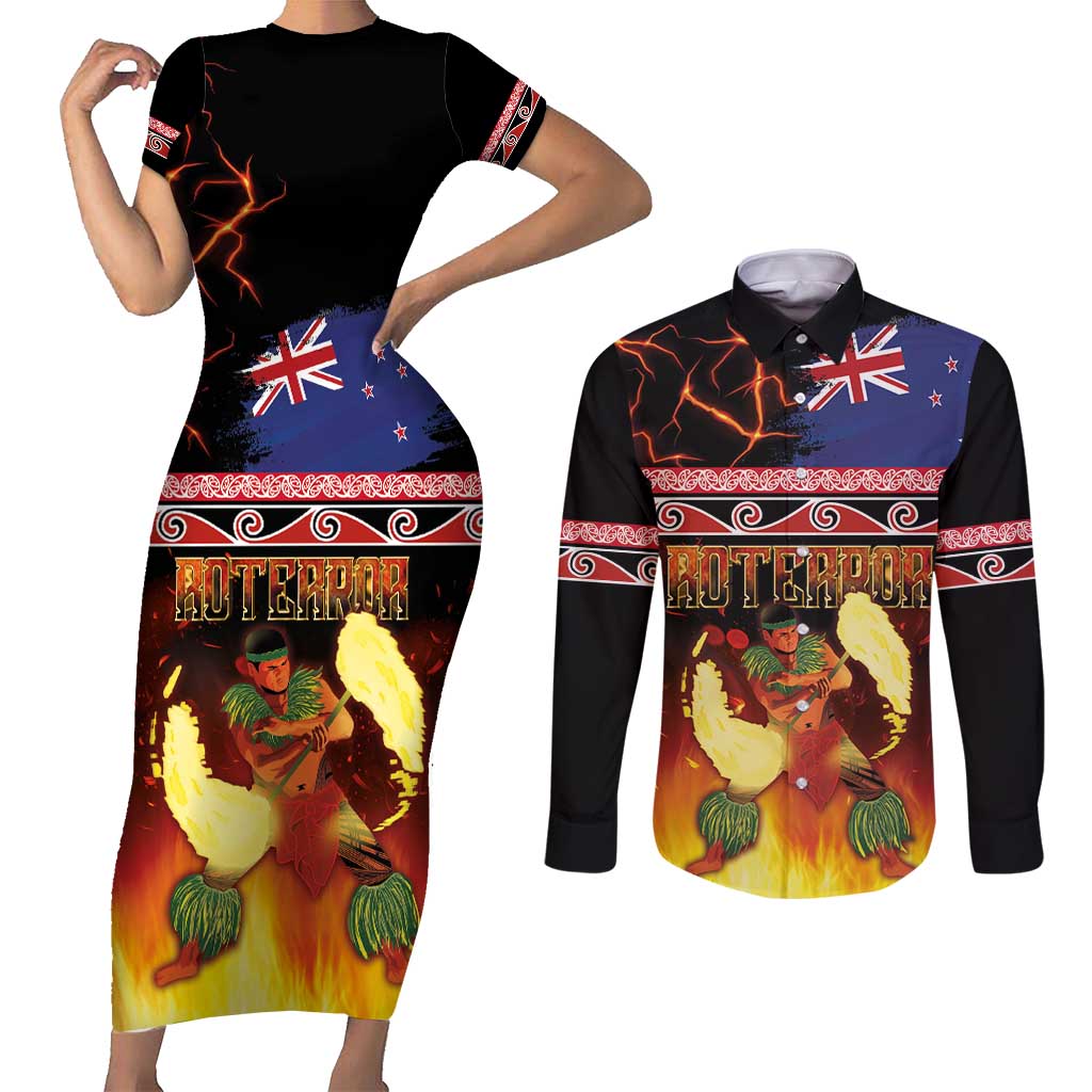 Aotearoa Siva Afi Couples Matching Short Sleeve Bodycon Dress and Long Sleeve Button Shirt Tribal Performers of Aotearoa Fire Knife Dancing