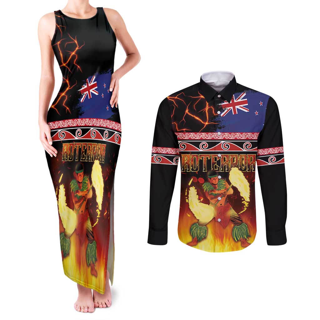 Aotearoa Siva Afi Couples Matching Tank Maxi Dress and Long Sleeve Button Shirt Tribal Performers of Aotearoa Fire Knife Dancing