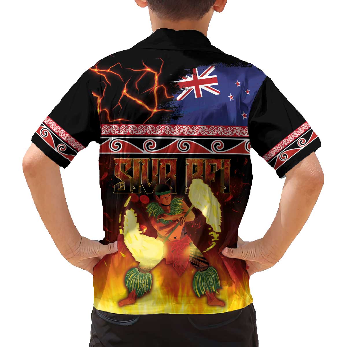 Aotearoa Siva Afi Family Matching Off The Shoulder Long Sleeve Dress and Hawaiian Shirt Tribal Performers of Aotearoa Fire Knife Dancing