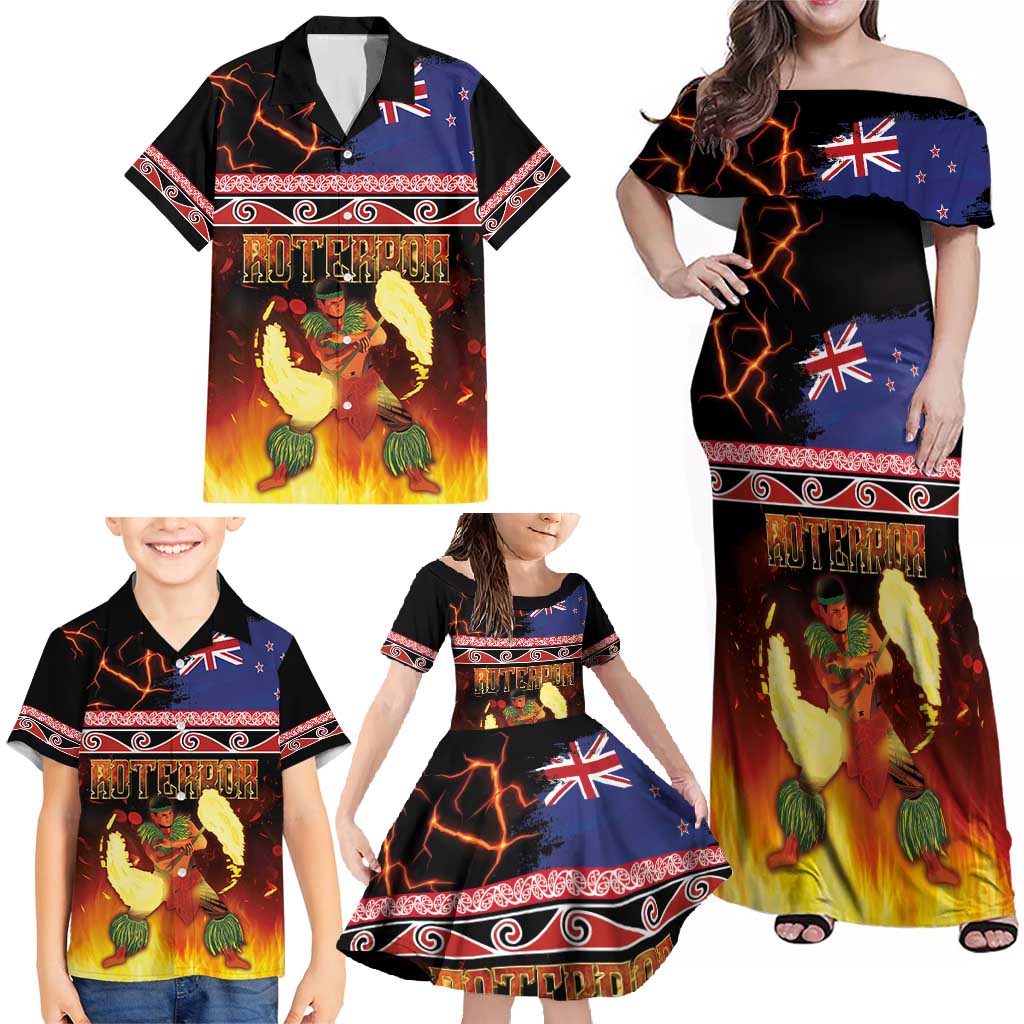 Aotearoa Siva Afi Family Matching Off Shoulder Maxi Dress and Hawaiian Shirt Tribal Performers of Aotearoa Fire Knife Dancing LT03 - Polynesian Pride