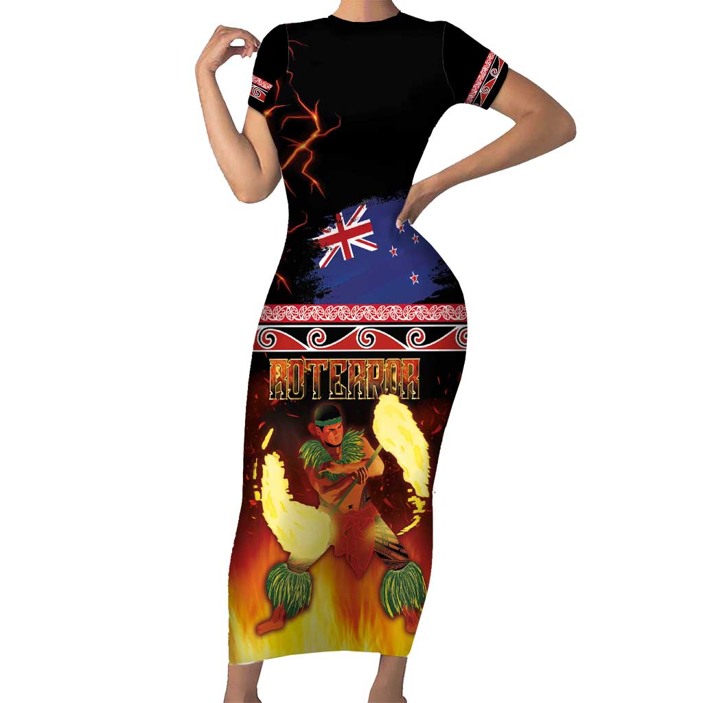 Aotearoa Siva Afi Family Matching Short Sleeve Bodycon Dress and Hawaiian Shirt Tribal Performers of Aotearoa Fire Knife Dancing LT03 Mom's Dress Black - Polynesian Pride