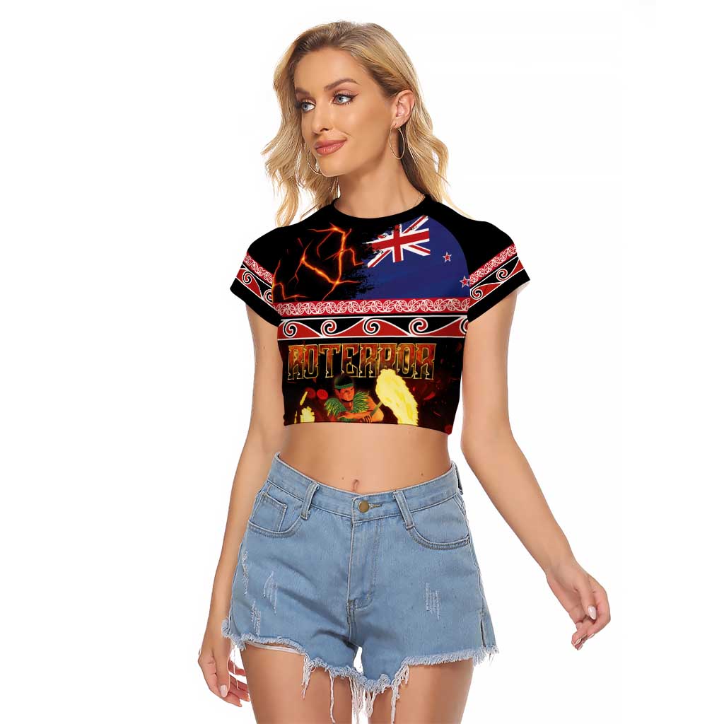 Aotearoa Siva Afi Raglan Cropped T Shirt Tribal Performers of Aotearoa Fire Knife Dancing LT03 Female Black - Polynesian Pride