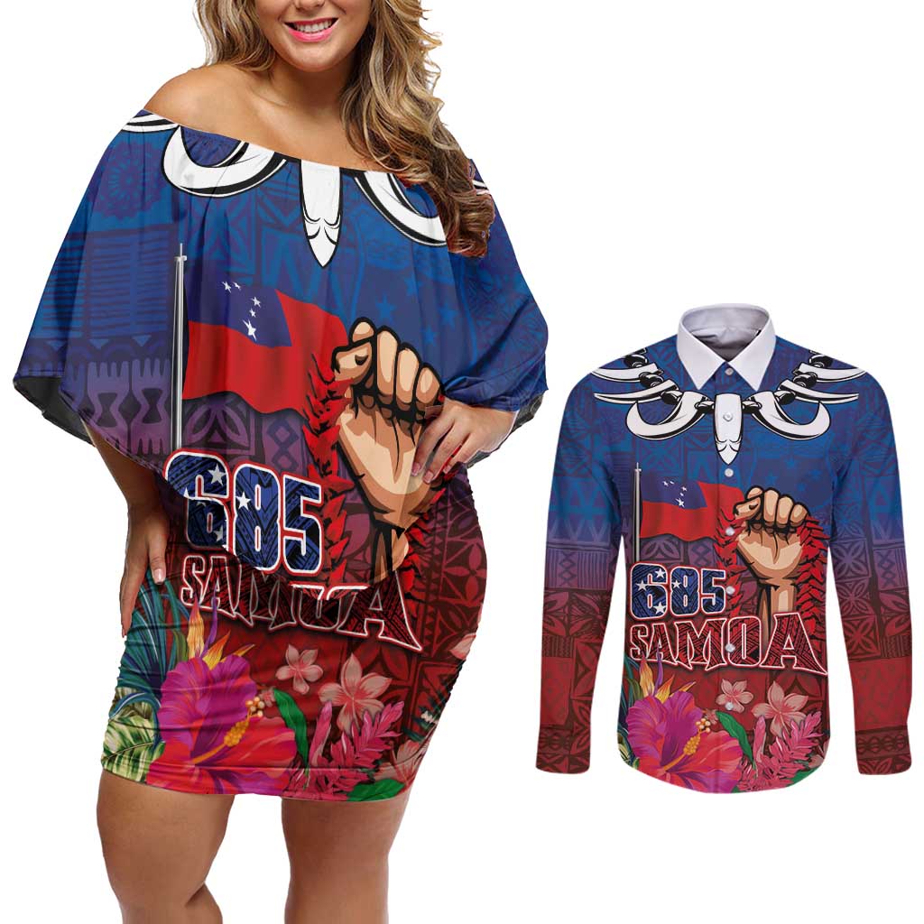Proud of Samoa Couples Matching Off Shoulder Short Dress and Long Sleeve Button Shirt Ula Nifo with Samoa 685 and Hibiscus Tapa Tribal Pattern